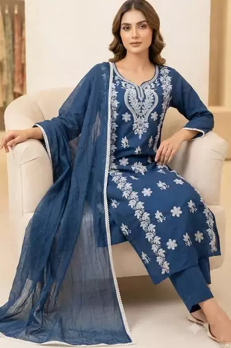 blue embroidered cambric cotton straight kurta set