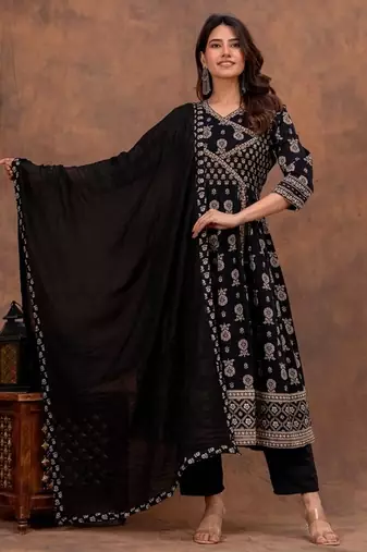 black cotton angrakha anarkali kurta set
