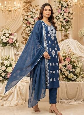 blue embroidered cambric cotton straight kurta set 3