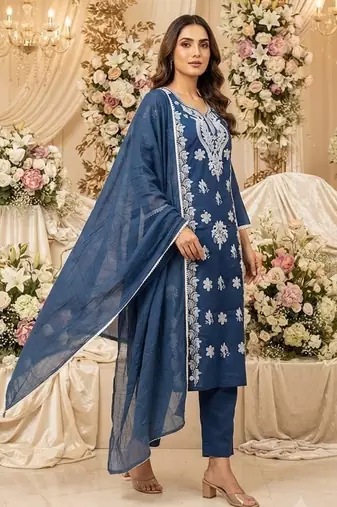 blue embroidered cambric cotton straight kurta set