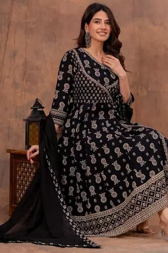 black cotton angrakha anarkali kurta set
