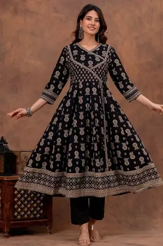 black cotton angrakha anarkali kurta set
