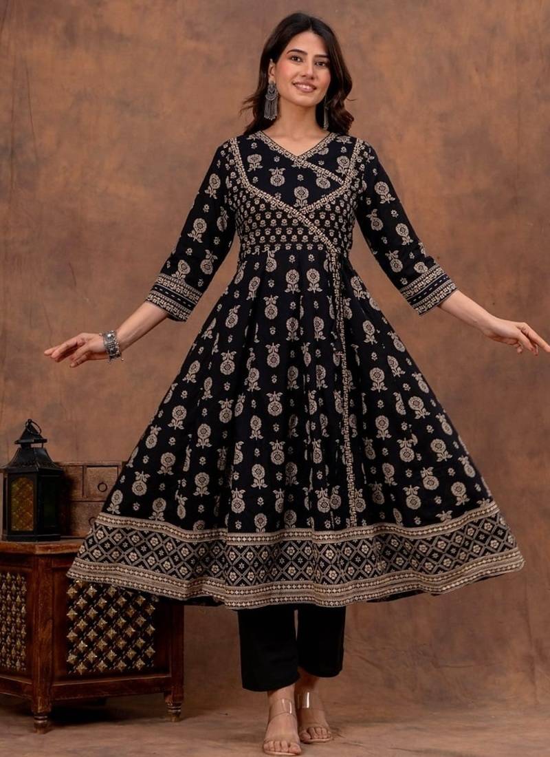 black cotton angrakha anarkali kurta set