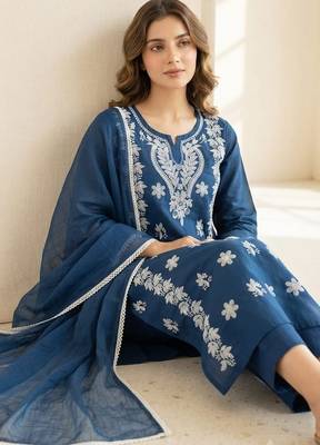 blue embroidered cambric cotton straight kurta set 4