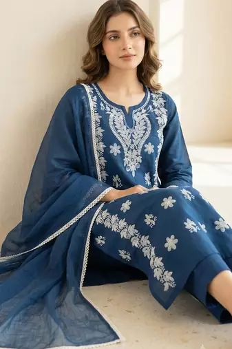 blue embroidered cambric cotton straight kurta set