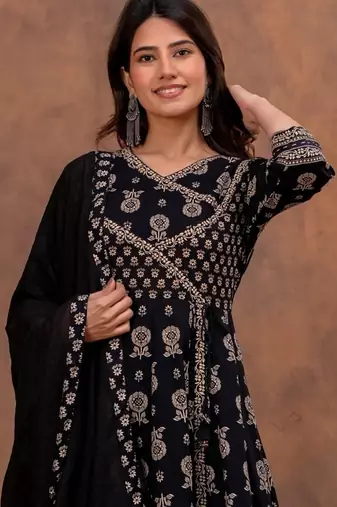black cotton angrakha anarkali kurta set