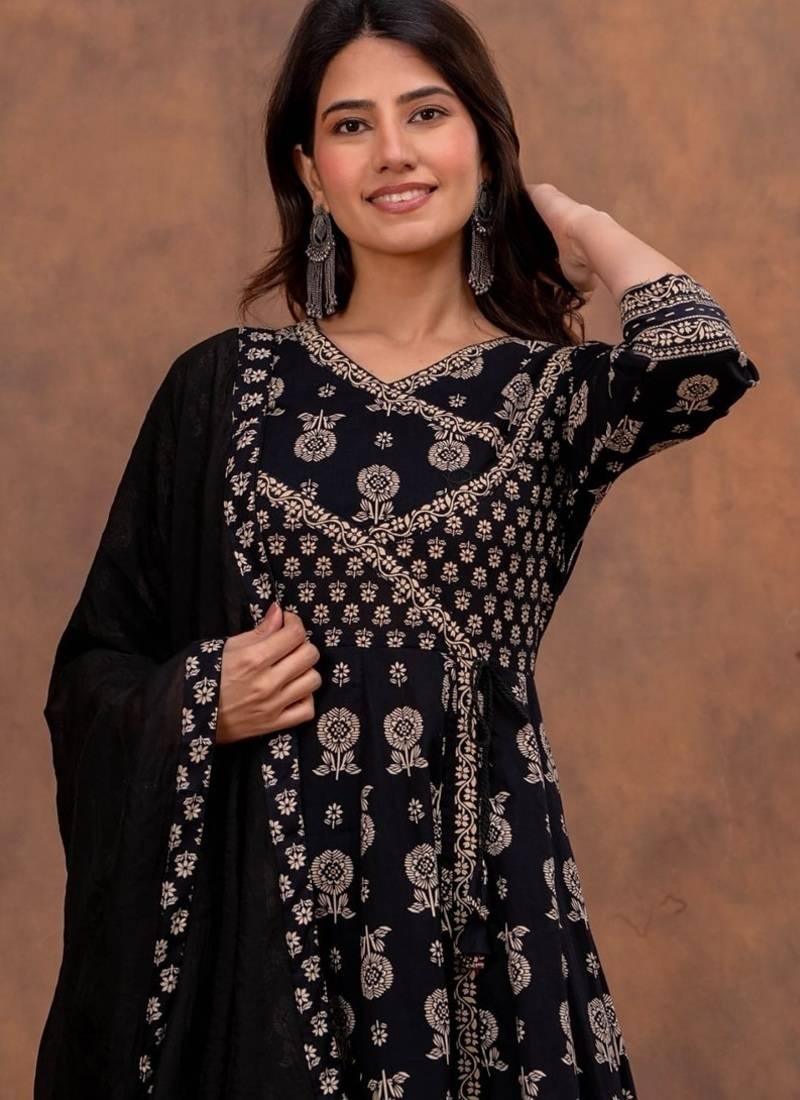 black cotton angrakha anarkali kurta set