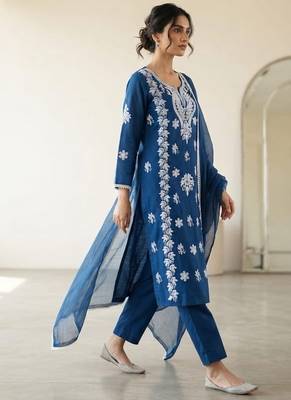 blue embroidered cambric cotton straight kurta set 5