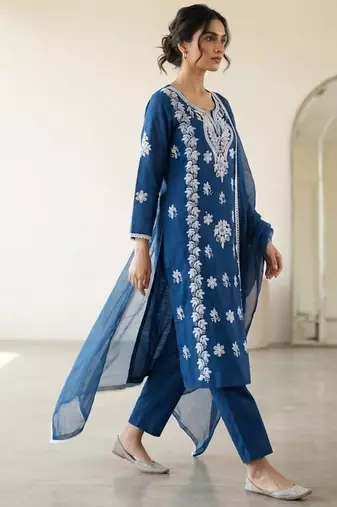 blue embroidered cambric cotton straight kurta set