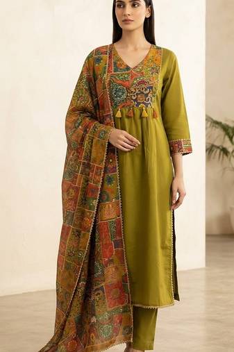 mehendi green patch & mirror work cotton anarkali kurta set