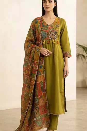 mehendi green patch & mirror work cotton anarkali kurta set