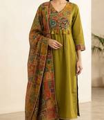 mehendi green patch & mirror work cotton anarkali kurta set
