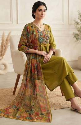 mehendi green patch & mirror work cotton anarkali kurta set 2