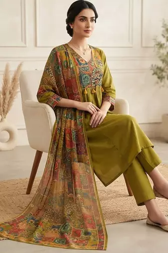 mehendi green patch & mirror work cotton anarkali kurta set