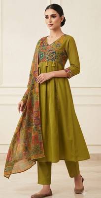 mehendi green patch & mirror work cotton anarkali kurta set 3