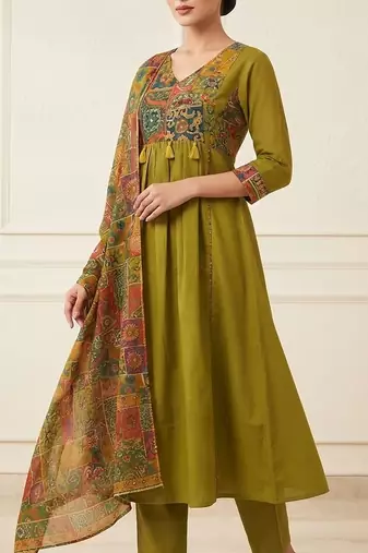 mehendi green patch & mirror work cotton anarkali kurta set