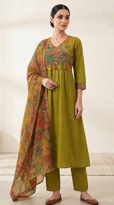 mehendi green patch & mirror work cotton anarkali kurta set 4