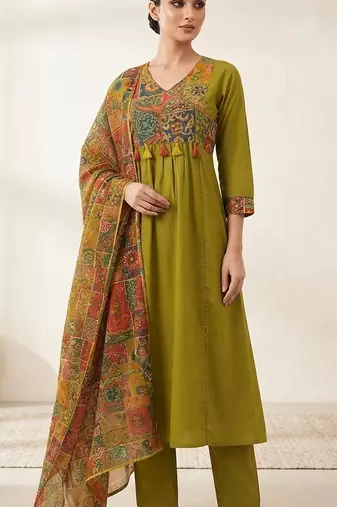 mehendi green patch & mirror work cotton anarkali kurta set