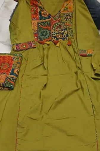 mehendi green patch & mirror work cotton anarkali kurta set