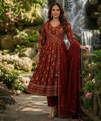 rust brown cotton angrakha anarkali kurta set 1