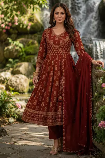 rust brown cotton angrakha anarkali kurta set