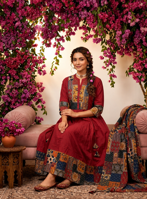 maroon ajrakh printed cotton angrakha anarkali suit set 2