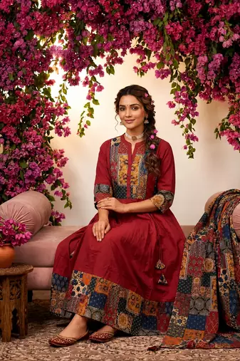 maroon ajrakh printed cotton angrakha anarkali suit set