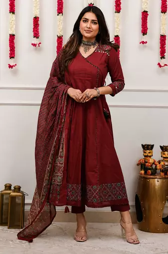 maroon ajrakh printed cotton angrakha anarkali suit set