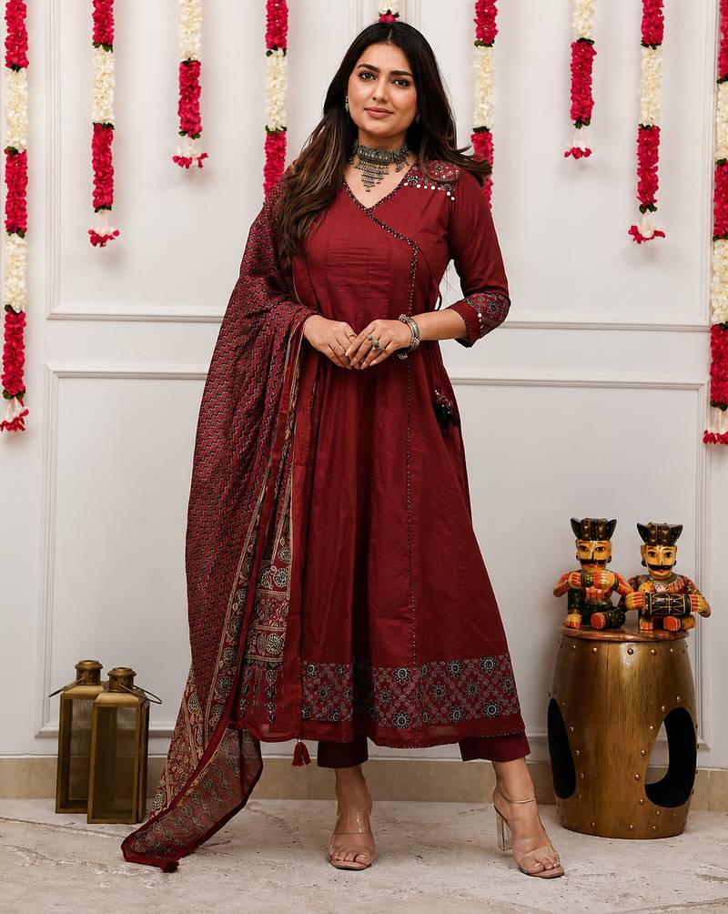 maroon ajrakh printed cotton angrakha anarkali suit set