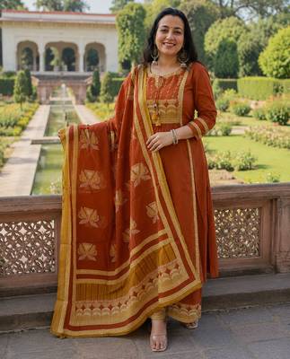 rust orange embroidered chanderi straight kurta pant suit set with dupatta 1