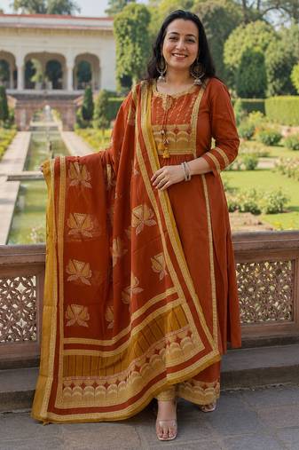 rust orange embroidered chanderi straight kurta pant suit set with dupatta
