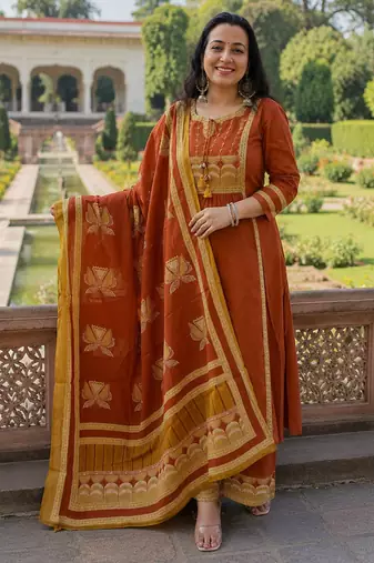 rust orange embroidered chanderi straight kurta pant suit set with dupatta