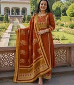 rust orange embroidered chanderi straight kurta pant suit set with dupatta