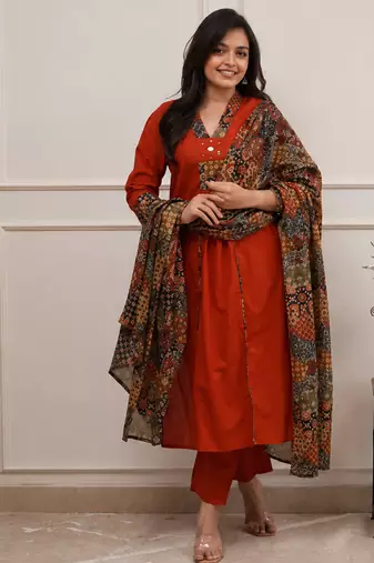 rust kalamkari print cotton straight kurta set