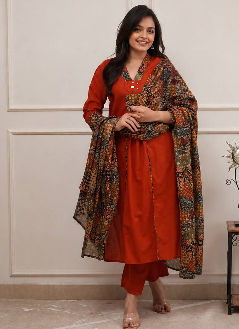 rust kalamkari print cotton straight kurta set