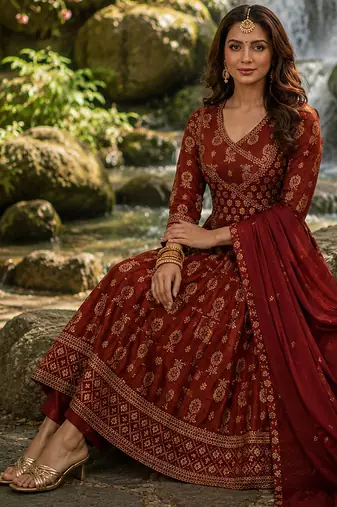 rust brown cotton angrakha anarkali kurta set