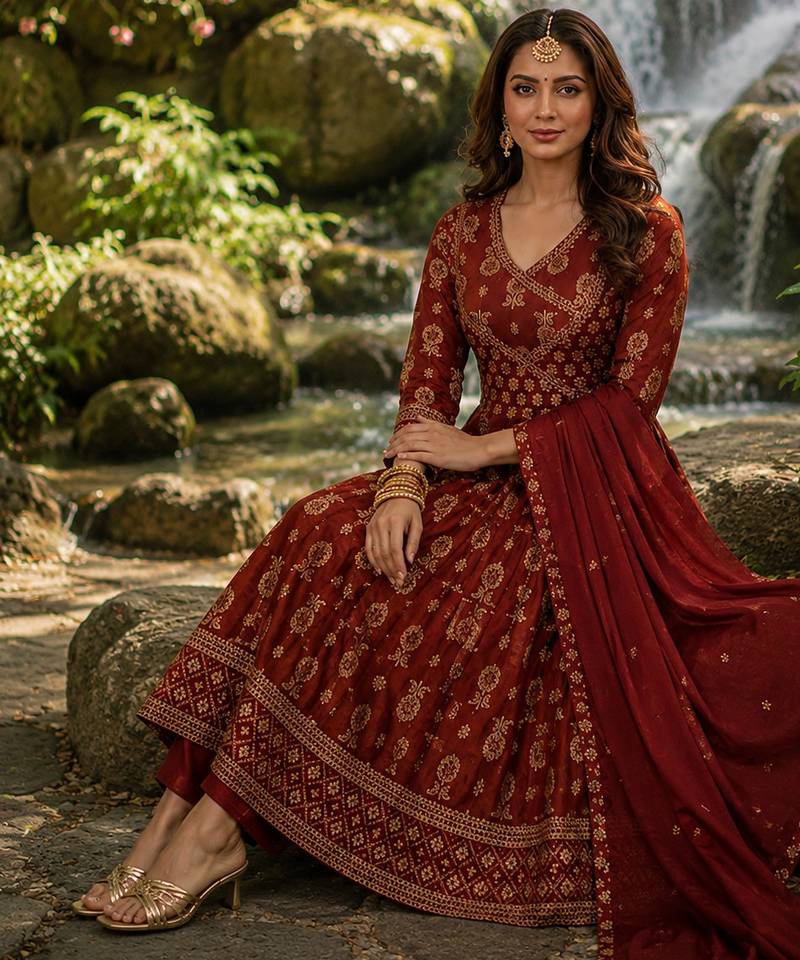 rust brown cotton angrakha anarkali kurta set