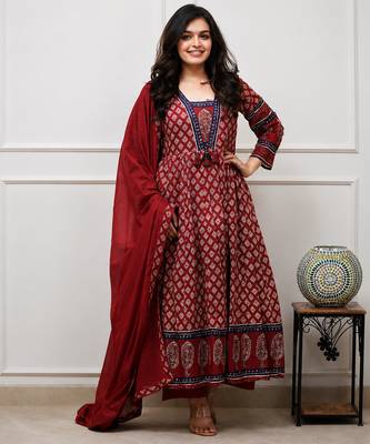 maroon printed cotton anarkali salwar suit set with dupatta 1
