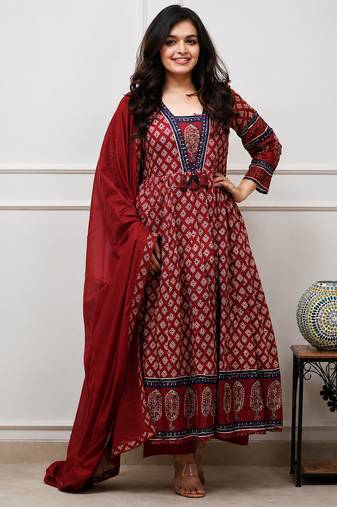 maroon printed cotton anarkali salwar suit set with dupatta