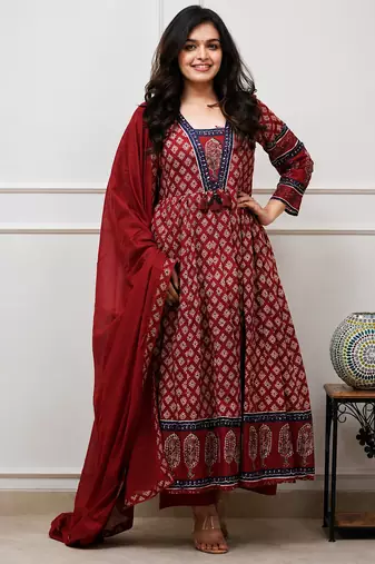 maroon printed cotton anarkali salwar suit set with dupatta