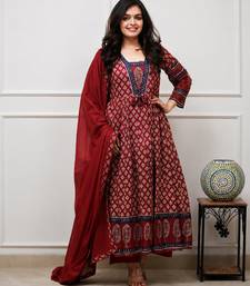 maroon printed cotton anarkali salwar suit set with dupatta