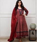 maroon printed cotton anarkali salwar suit set with dupatta
