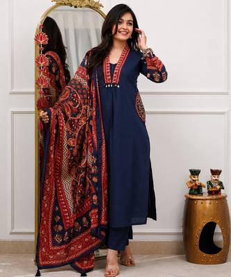 indigo blue ajrakh print cotton straight kurta pant dupatta suit set 1