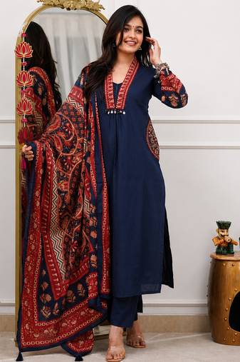 indigo blue ajrakh print cotton straight kurta pant dupatta suit set