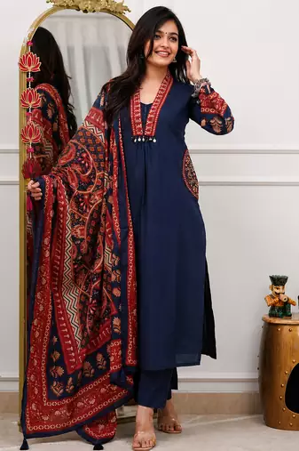 indigo blue ajrakh print cotton straight kurta pant dupatta suit set