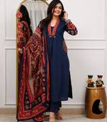 indigo blue ajrakh print cotton straight kurta pant dupatta suit set