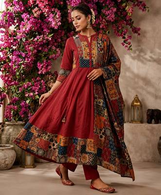 maroon ajrakh printed cotton angrakha anarkali suit set 3