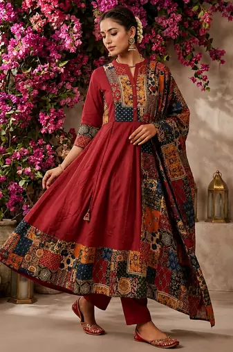 maroon ajrakh printed cotton angrakha anarkali suit set