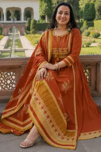 rust orange embroidered chanderi straight kurta pant suit set with dupatta