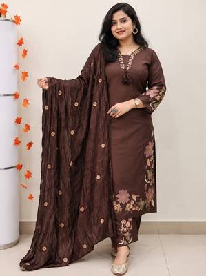 chocolate brown cutwork floral embroidered cotton straight kurta pant dupatta suit set 1